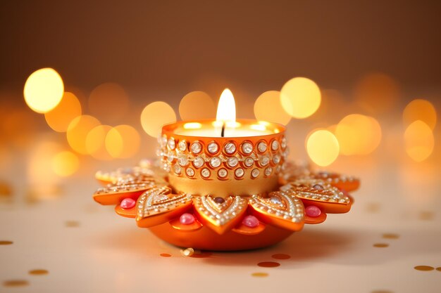 A close up of a beautifully decorated Diwali diya