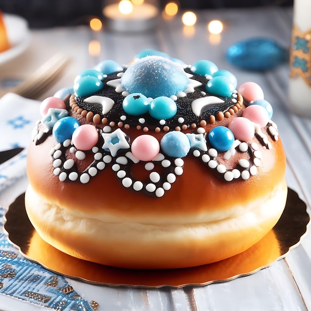 Close up of a beautifully decorated Hanukkah sufganiyot