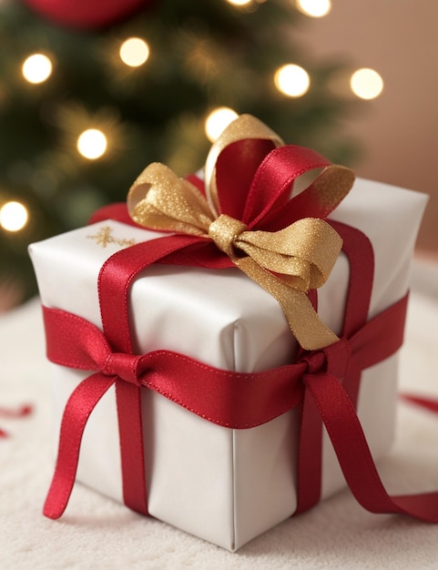 Close up of beautifully wrapped christmas gift on cozy blurred background wallpaper