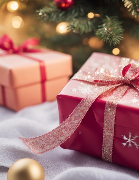 Close up of beautifully wrapped christmas gift on cozy blurred background