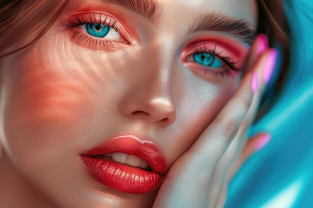 Close up beauty portrait of beautiful model with bright make up and manicure