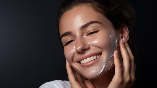 Close up beauty portrait of a laughing beautiful half naked woman applying face cream isolated over grey background Created with Generative AI technology