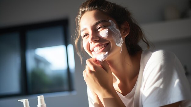 Close up beauty portrait of a laughing beautiful woman applying face cream