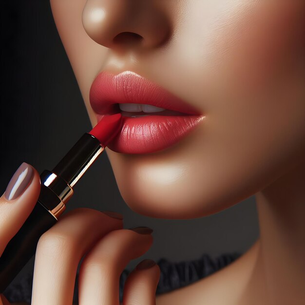 Close-Up Beauty Portret van een vrouw die lippenstift nauwkeurig aanbrengt