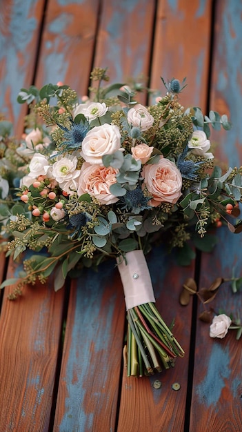 Foto primo piano del bouquet da sposa rustico di bellezza con rose cremose e garofani sfondo mobile verticale