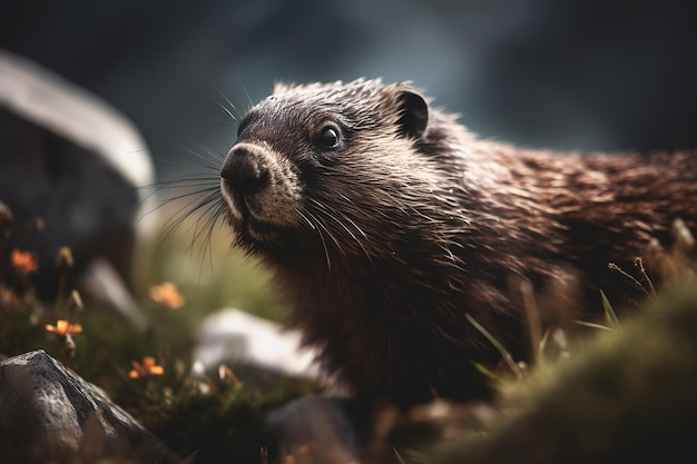 A close up of a beaver's face