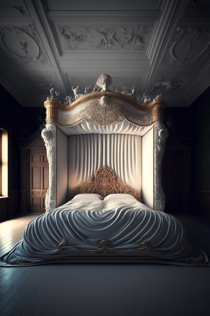 A close up of bed with canopy in room generative ai