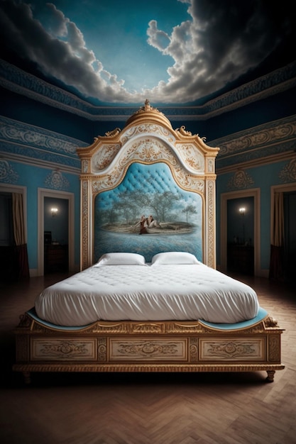 A close up of bed with large and painting on the wall generative ai