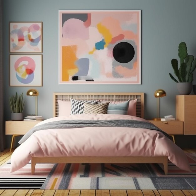 A close up of a bed with a pink comforter and a painting on the wall generative ai