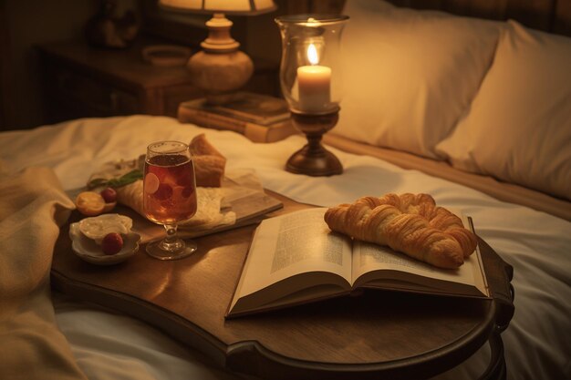 Close up of a bed with a tray of breakfast in bed and a newspaper