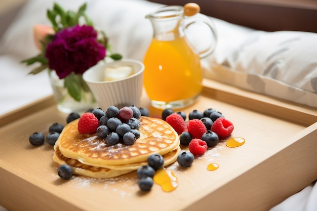 Close up of a bed with a tray of breakfast and a handwritten note
