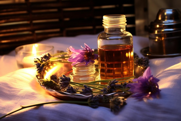 Close up of a bed with a tray of tea and essential oils for relaxation