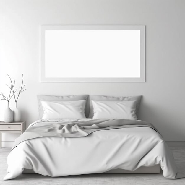 Photo a close up of a bed with a white blanket and a picture frame generative ai