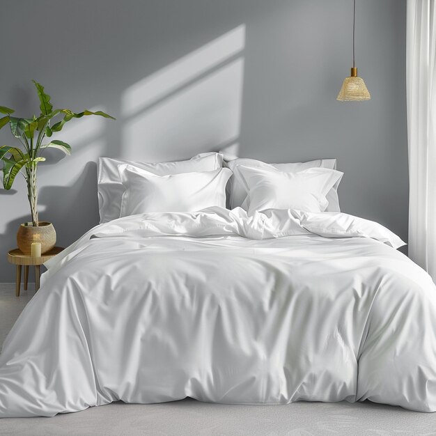 Photo a close up of a bed with white sheets and pillows generative ai