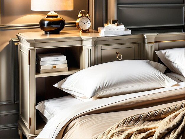 Foto close up di armadietto accanto al letto vicino al letto con lenzuola beige design interno di campagna francese di be moderno