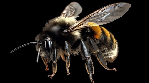 Крупный план пчелы на черном фоне, генеративный ИИ