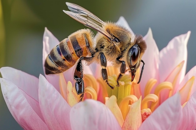 Близкий взгляд на пчелу на цвете на фоне спокойного озера