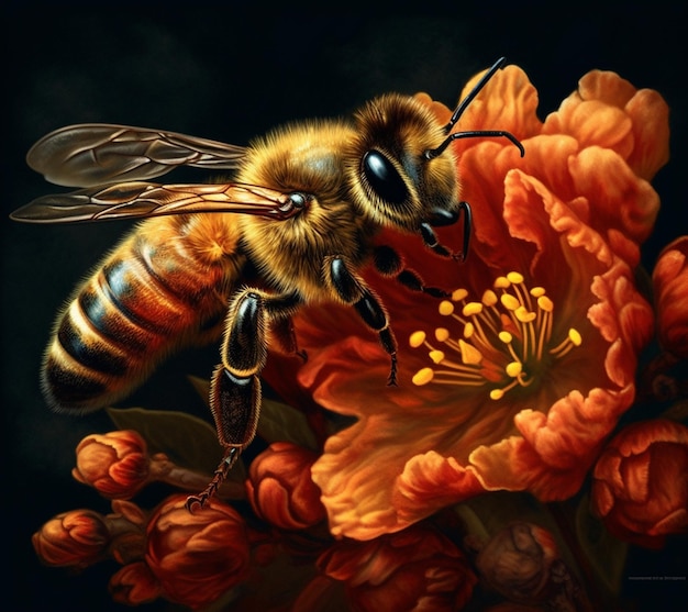 A close up of a bee on a flower with a black background generative ai