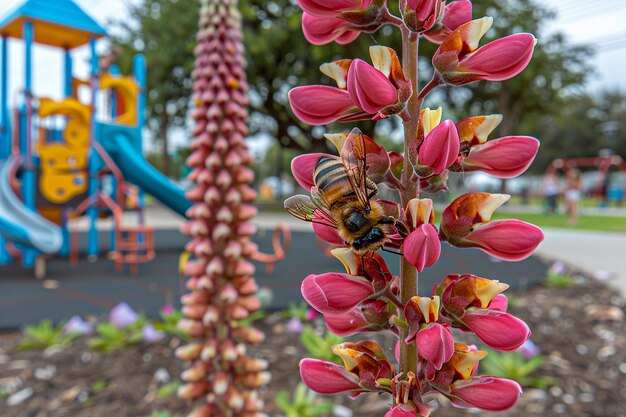 Close up of a bee on a flower with a colorful playground in the background