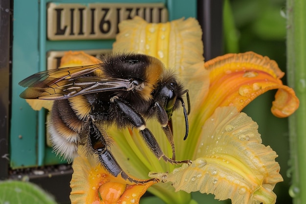 Close up of a bee on a flower with an outdoor library box in the background