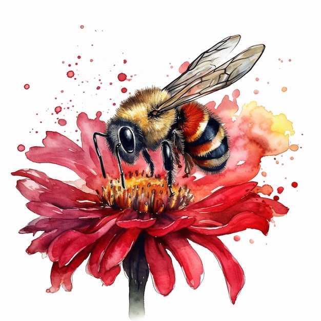 A close up of a bee on a flower with watercolor paint generative ai