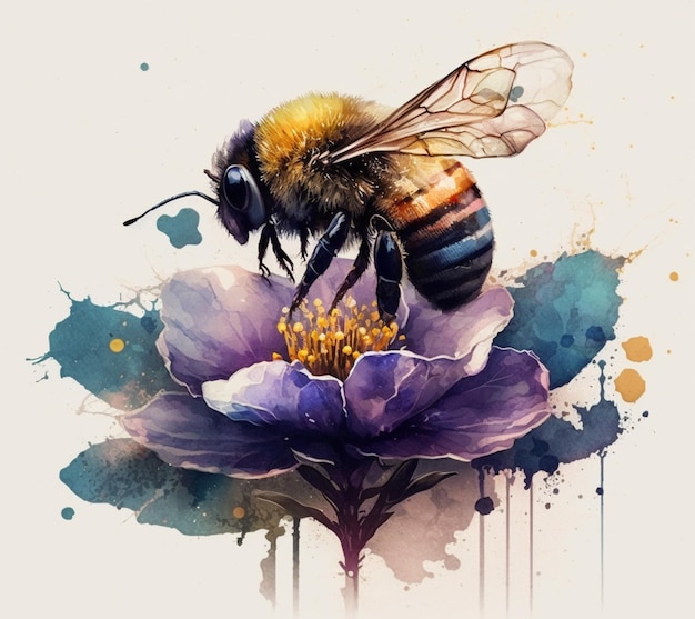 A close up of a bee on a flower with watercolor paint generative ai