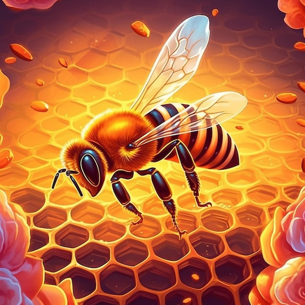 a close up of a bee flying over a honeycomb with flowers generative ai