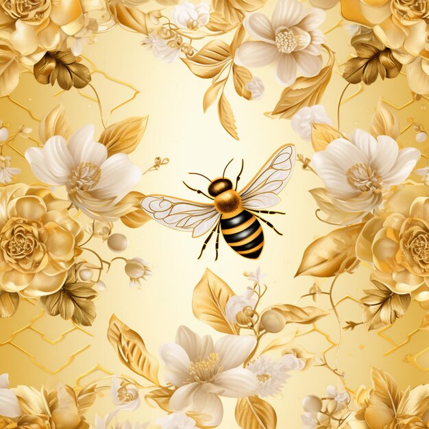 A close up of a bee on a gold background with flowers generative ai