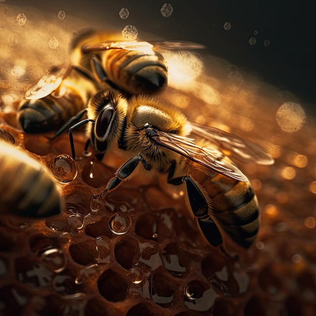 Foto chiuda in su dell'ape nell'alveare