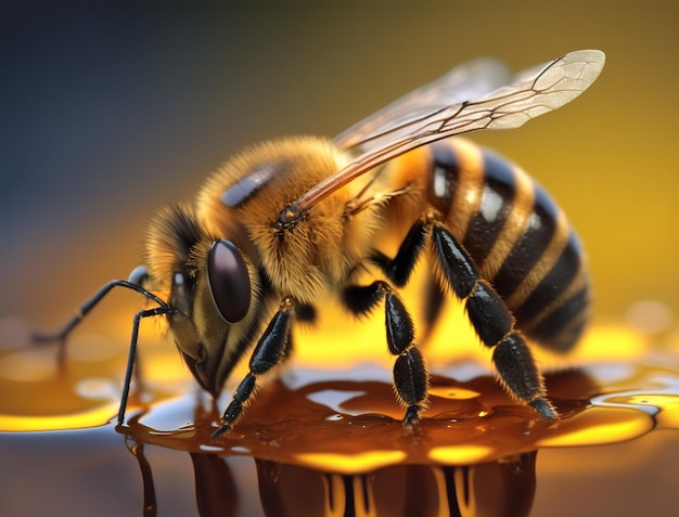 Photo close up bee on honey generative ai