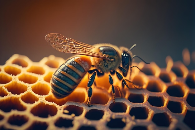 벌집 생성 AI에 있는 벌의 클로즈업