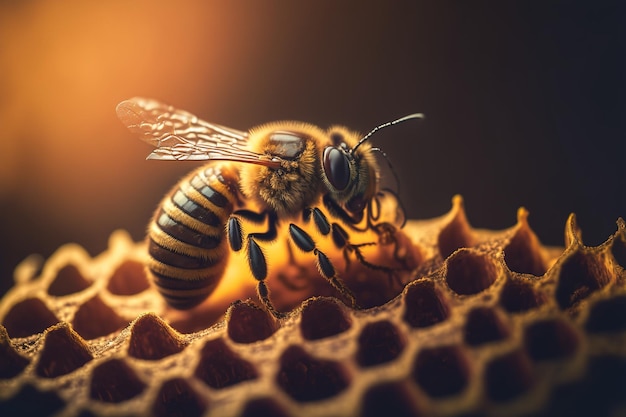 A close up of a bee on a honeycomb generative AI