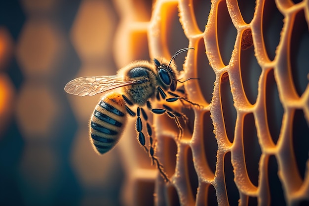 A close up of a bee on a honeycomb generative AI