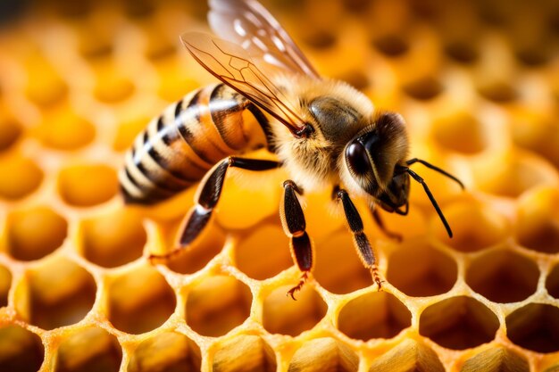 A close up of a bee on a honeycomb