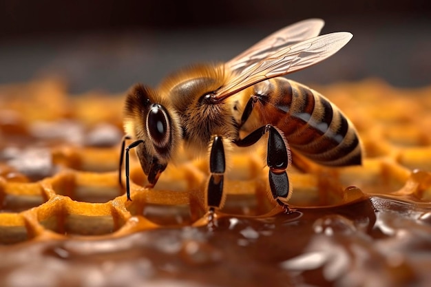 Close up of a bee on a honeycomb