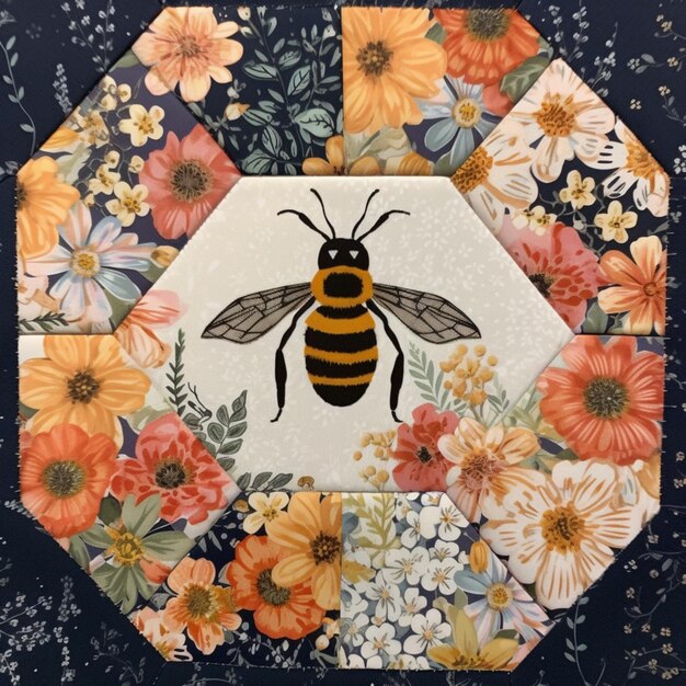 Photo a close up of a bee on a patchwork quilt with flowers generative ai