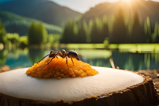 A close up of a bee on a piece of wood with a blurred background