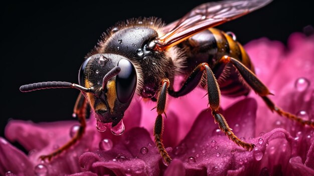 A close up of a bee on a pink flower with water droplets generative ai