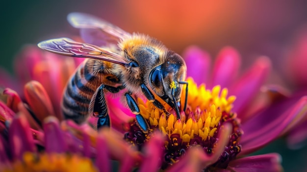 ピンクの花を授粉するミツバチがマジェンタの花びらコンサートを楽しんでいる