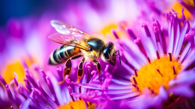 Close up of a bee pollinating vibrant flowers showcasing biodiversity