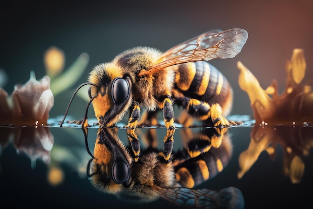 A close up of a bee on a reflective surface generative AI