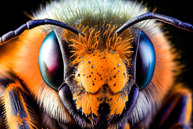 A close up of a bee's eyes and the eye is visible.