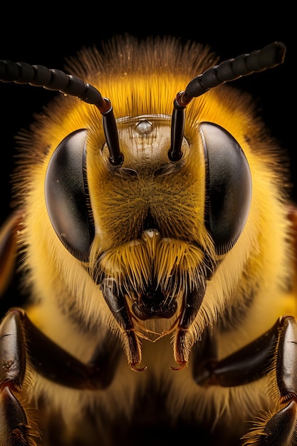 A close up of a bee's face with a black background