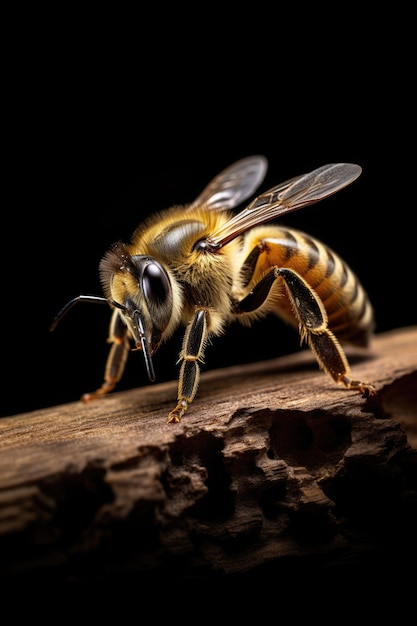 Close up of bee standing on wood on black background created using generative ai technology