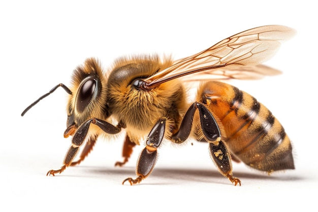 A close up of a bee on a white background generative ai image