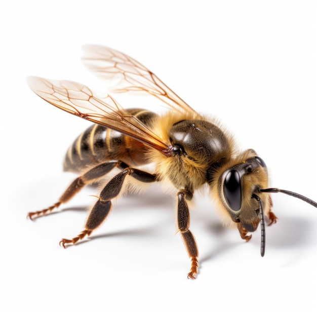 A close up of a bee on a white background