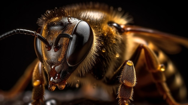 A close up of a bee with a black background
