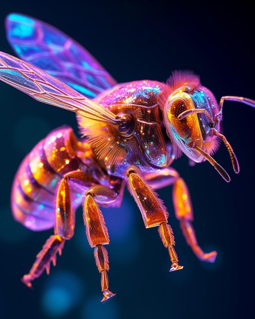 a close up of a bee with a bright purple body and wings generative ai