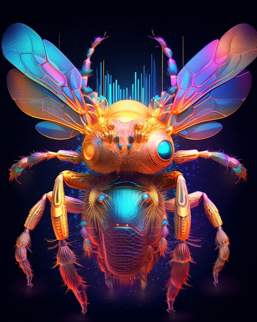 a close up of a bee with a colorful head and wings generative ai