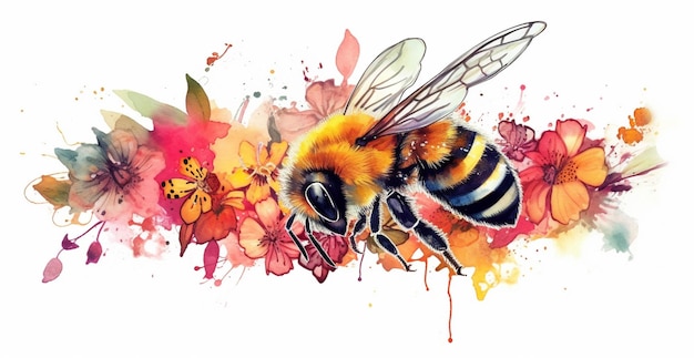 A close up of a bee with a flower and watercolor background generative ai